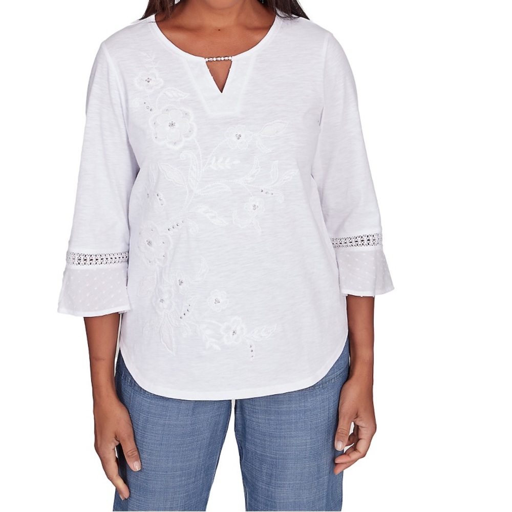 White floral embroidery long bell sleeve beaded split neck top